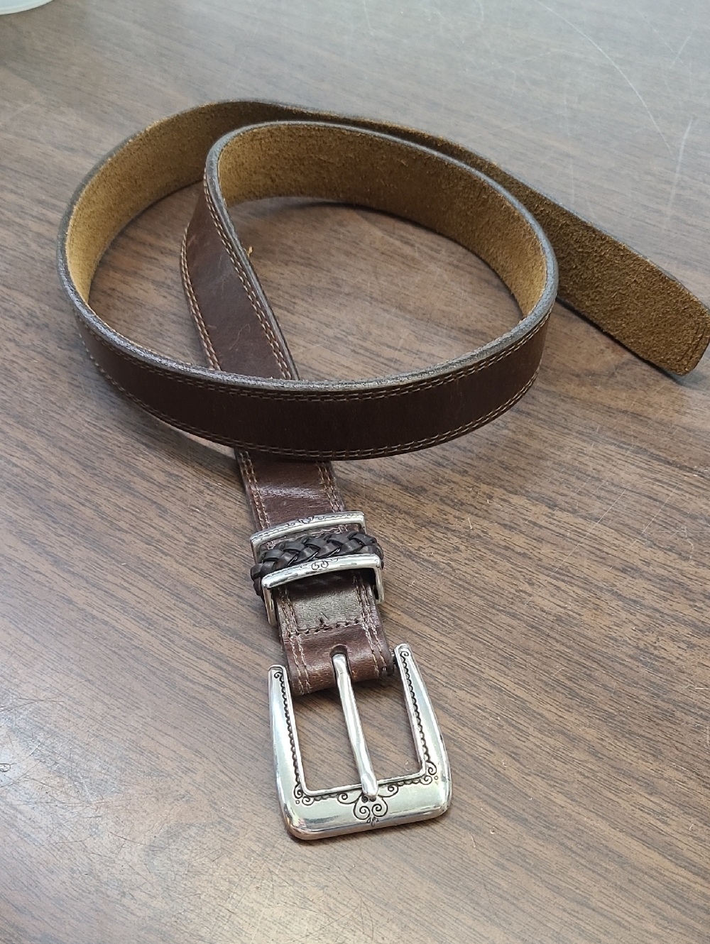 Women's Brown Brighton Leather Belt with Decorative Silver Buckle